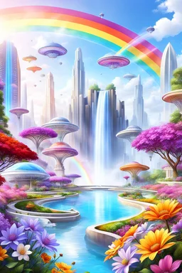 very beautiful, ,flowers, garden,rainbow, cité futuriste ultra moderne, ufos, cascade colorée, dômes