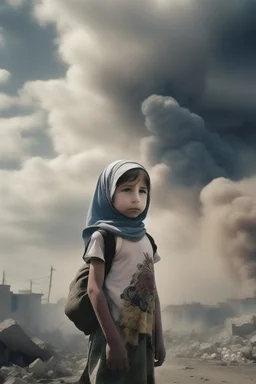 close young palestinian girl with a kuffeah. Large clouds of smoke rise from the land of gaza . With demolished buildings in the background. Made in the palestinian style