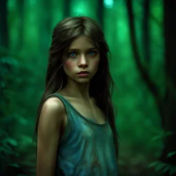 thin 12 year old girl with dark tangled and dirty hair, blue eyes, dirty face, wearing a ripped and dirty teeshirt, in a forest , photorealistic, dark fantasy