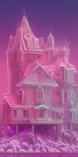 Snoop dogg. a chair. pink houses, pink sky, pink smoke, trees