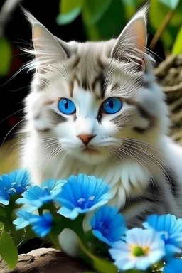 Gatito pelo largo ojos azules jugando con flores y vaquitas de san Antonio