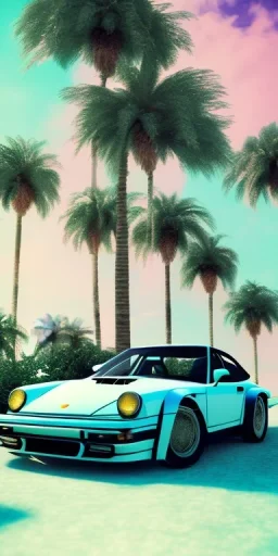 1980's aesthetic vaporwave palm trees and spheres and Porsche with lightning