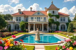 a luxury villa yard with pool in center and pretty plants trees flowers, pretty clouds,a pretty model lady in victorian clothing walking in villa yard in flowers .every thing and lady is made of small colored cubes as a puzzle