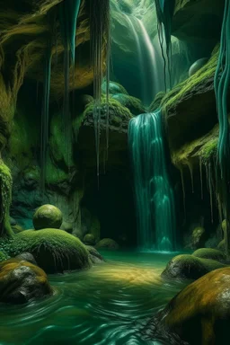 A cave with covered with waterfalls