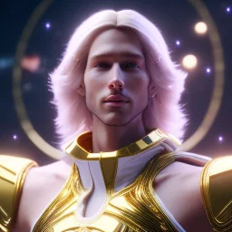 beautiful cosmic golden male, long hair, nice smiling, delicate colors, beautiful glamour galactic golden dress, ultra sharp focus, 8k, unreal engine 5, extremely sharp detail, light effect, soft light atmosphere of a spaceship, smooth, full of details, face in front, complete vision of face and body