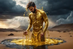 A hyper-realistic photo, beautiful face man disintegrating into gold dripping ink and slime::1 ink dropping in water, molten lava, long legs, 4 hyperrealism, intricate and ultra-realistic details, cinematic dramatic light, cinematic film,Otherworldly dramatic stormy sky and empty desert in the background 64K, hyperrealistic, vivid colors, , 4K ultra detail, , real , Realistic Elements, Captured In Infinite Ultra-High-Definition Image Quality And Rendering, Hyperrealism