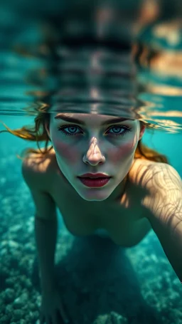 Photo by Richard Avedon.A macro-detailed portrait photograph.An incredibly beautiful nymph, a woman.Portrait on the water surface, through which the seabed shines through. Inspired by the works of Magdalena Oleksy and Jakub Rozalski.