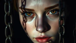 close up face with shadow dark gold eyes, pale face, void, hyper-realistic detail, floats in deep darkness, deep blue abyss, shadow of chains is projected on her face, crepy stunning, dark, surreal vibe with meticulous clean pale skin dark golden eyes, dark shadow