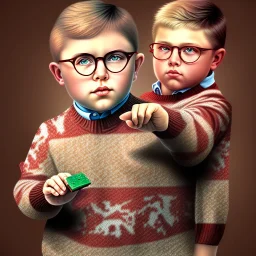 peter billingsley chubby kid with glasses, gripping a single Dark red soap bar, ((brown))argyle sweater