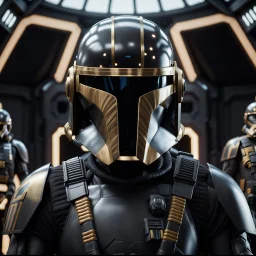 star wars bald male corellian pilot wearing dark gunmetal grey and black First Order special forces TIE pilot armored flightsuit and helmet with gold trim inside the jedi temple, centered head and shoulders portrait, hyperdetailed, dynamic lighting, hyperdetailed background, 8k resolution, volumetric lighting, light skin, fully symmetric details