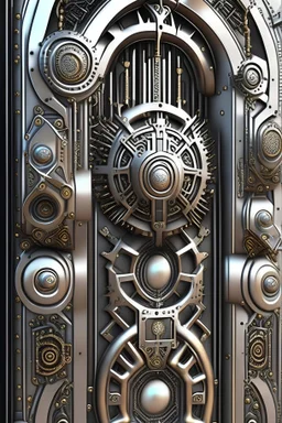 highly detailed industrial gate with cogs details, shinning metal, stainless steel glossy, futuristic, Super detailed 3d , ethnic details, intricated details, as trending in artstation,