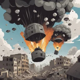 Ilustración estilo caricatura de paracaídas con bomba sobre ciudad destruida