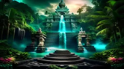 my dreams . podium for meditation , waterfall , day landscape, In the garden my mind bows . meditation . Palace built in the jungle palms mayan with waterfalls , mountains. space color is dark , where you can see the fire and smell the smoke, galaxy, space, cosmos, panorama. Background: An otherworldly planet, bathed in the cold glow of distant stars. Northern Lights dancing above the clouds in amazon. Fantasy gate floating in the universe