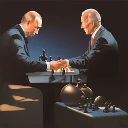 Putin, President Xi Of China And Joe Biden Play Chess between lights and shadow With A Pigeon,And Atomic Bomb Mushroom Cloud,Complex Surgical Instruments Intermixed With A Newborn Boy,Minimalism,Painting By Adrian Ghenie,Rene Magritte,Pablo Picasso,Michelangelo,Salvador Dali,Lucian Freud