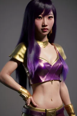 Young asian woman, barbarian character, purple hair, gold eyes, long hair gold jewelry, leather, vibrant color, highly detailed, art stations, concept art, smooth, unreal engine 5, god rays, ray tracing, RTX, lumen lighting, ultra detail, volumetric lighting, 3d, finely drawn, high definition, high resolution.