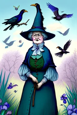 Friendly witch, playing with crows, perfect iris, pastel colours, style Beatrix Potter