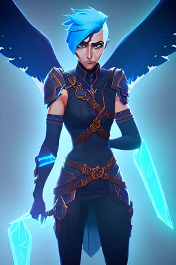 a person in runic armor with blue wings, blue short hair, runic tattoo and spell book