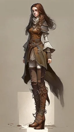 girl, brown hair, Her eyes are brown, she wears fantasy medieval clothes, she is slim, full body with boots side view