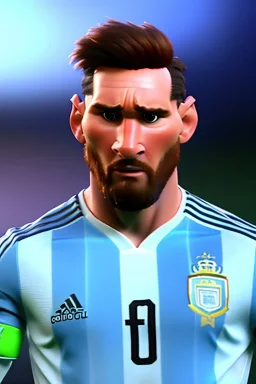 Realistic Messi Argentina soccer player Portrait, mid shot view, concept art, art station, 3d, photo studio, blue clean background, unreal engine 5, ray tracing, RTX, lumen lighting, ultra detail, volumetric lighting.