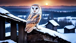 a barn owl sitting an old ruined hut rooftop and looking to te camera, over a winter landscacpe with european forest , little light, sunrise, high detailed, sharp focuses, photorealistic, perspective, cinematic