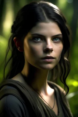 a beautiful girl with light eyes and dark hair in the glade, in the maze runner universe