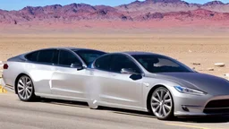 A Tesla's 'Model S Plaid' is racing at top speed, by the 'Lake Mead', in Nevada. CINEMATIC. WIDE ANGLE LENS.