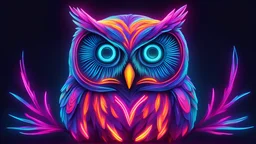Create a digital artwork featuring a brightly lit neon owl as the centerpiece. The owl should be depicted in vibrant neon colors such as electric blue, neon green, hot pink, and bright orange. Each part of the owl should have a glowing effect, making it appear as if it is illuminated by neon lights.