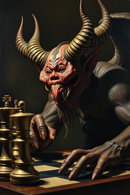pin hole cam, master oil painting by Rembrandt, realistic rendering chess demon a sense of depth