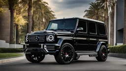 A (((G-Wagon Black))) featuring a luxurious interior, advanced technologies, and a sleek body kit designed by MANSORY, front cinematic view on road in morning, ((((desktop wallpaper))))