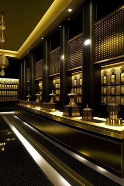design a modern and elegant with touch of Arabic style specifically from oman retail store for Amouage perfumes use gold and black ALL FROM same place