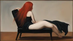 Avant-garde painting. We see a girl from behind, in a black dress, lazily, half-lying on a chair, her legs tightly crossed, one hand loosely draped over the back of the chair. Her long red hair falls down her back.