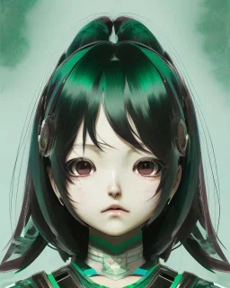 Detailed anime child girl, dark green hair, black and green dragon scale armour, intricate details, full body portrait, keep head in frame, slight smile, black Japanese motif, concept art, highly detailed, digital painting, concept art, sharp focus, illustration, art by Yoji Shinkawa, WLOP and greg rutkowski and alphonse mucha and artgerm and yanjun Chen and Junji ito and Makoto Shinkai, HDR, octane render