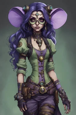 young, perky, female humanoid githyanki. pale green skin, big dark purple flowing hair, large dark black eyes, a few facial tatoos, pointed ears, dressed in steampunk garb, googles, and a pet mouse