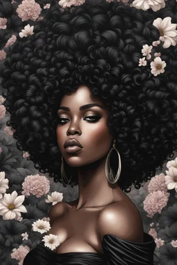 Create an urban art drawing image of a curvy size black female wearing a black off the shoulder blouse and she is looking down with Prominent makeup. Highly detailed tightly curly black afro. Background of large black flowers surrounding her