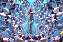 very complex structure ,pretty color environment 3d metalic and crystal recursive animating beveled geometric base very complex structure emiting mirror bubbles that broke, goddess lady in a pretty cleric dress comes out dancing gracefully , viberating color moving very in modern city escape environment while camera tracking it.