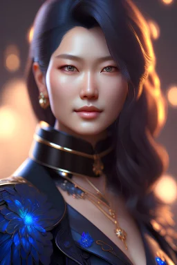 Happy young woman, crow hair, highlights, deep blue eyes, black blouse, light blush portrait, 8k resolution concept art portrait by Young-Sung Kim, Artgerm, WLOP, Alphonse Mucha dynamic lighting hyperdetailed intricately detailed Splash art trending on Artstation triadic colors Unreal Engine 5 volumetric lighting"