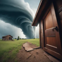 Pov: the open door to the sky a girl laugh and stretches out her hand, a tornado carries the wreckage of a scary cabin. the effects of dust and strong winds flow dramatically. scene funny.