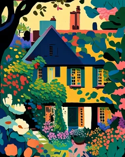 A charming depiction of a cozy, inviting cottage, nestled in a lush garden filled with blooming flowers and verdant foliage, in the style of fauvism, bold color palette, simplified forms, and a sense of warmth and comfort, influenced by the works of Henri Matisse and André Derain, evoking feelings of happiness and contentment.