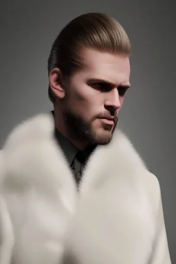 A handsome man middle length blonde slick back hair beard wearing white fur coat black gloves at the luxury room, high details, good quality, overhead sunlight, medium shot