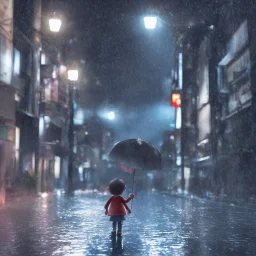 foto tirada por tras de um garoto solitário, nas ruas de tokyo, na chuva de noite