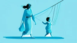 A digital illustration of a woman walking carrying a child in a sling, on an aquamarine blue background, with clothes hanging on a line nearby