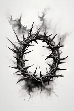 A realistic drawing in negative space black ink on white background of a crown of thorns with very defined and correct details and brushstrokes smoke around it