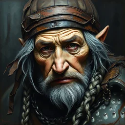 oil painting, heavy brushstrokes, paint drips, a breathtaking portrait of an old dwarf warrior, female, resembles chubby, shoulder length braided gray hair, clad in worn chain mail armor, wearing a leather head band, dungeons and dragons art style, realistic faces, dark fantasy, intricate details, hyper detailed, by Jean Baptiste Monge, Carne Griffiths, Michael Garmash, Seb Mckinnon, rich, deep colors, layered image shaded famale