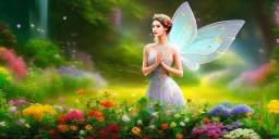 bright fairy, beautiful portrait, flowery landscape