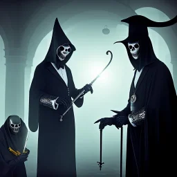 The Grim Reaper and a plague doctor in Lollipop world, considering the future of the universe, art by Elliot Erwitt