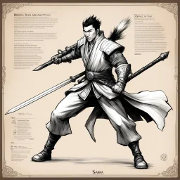 character concept sheet with AD&D statistics and characteristics, [high res pen sketch with a lot of strokes in stippling for Sakra module B3] Donnie Yen as Kiu Fung with jumping with his short staff