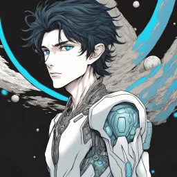 An handsome alien with messy black hair and blue eyes on another planet, colored manga style, intricately detailed