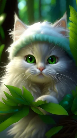 White baby cat wearing a hat covering her ears Hiding In Fluffy Thick Pine Branches, Full-Back Hood Fur, Mother Of Pearl, Caricature, Realism, Beautiful, Delicate Shades, Sweetness, Lights, Intricate, CGI, Art Botanical, Animal Art, Art Decor, Realism, 4k, Detailed Drawing, Depth Of Field, Digital Painting, Computer Graphics, Raw Foto, HDR