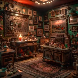 Diorama of old stuff in a room, sharp focus, 8k, 3d, very detailed, volumetric light, grim, fine art, very colorful, ornate, 35mm, F/2.8, insanely detailed and intricate, hypermaximalist, super detailed, decadent