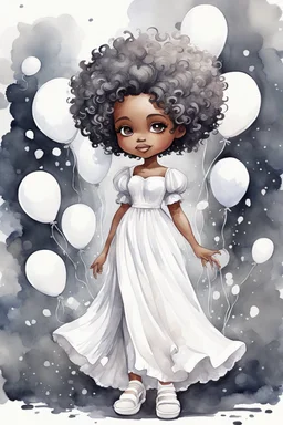 A watercolor fairytale style of a chibi cartoon wearing a white maxi dress and white sandals. Prominent make up with hazel eyes. Highly detailed tight curl afro. Background of white and gray ballons everywhere.